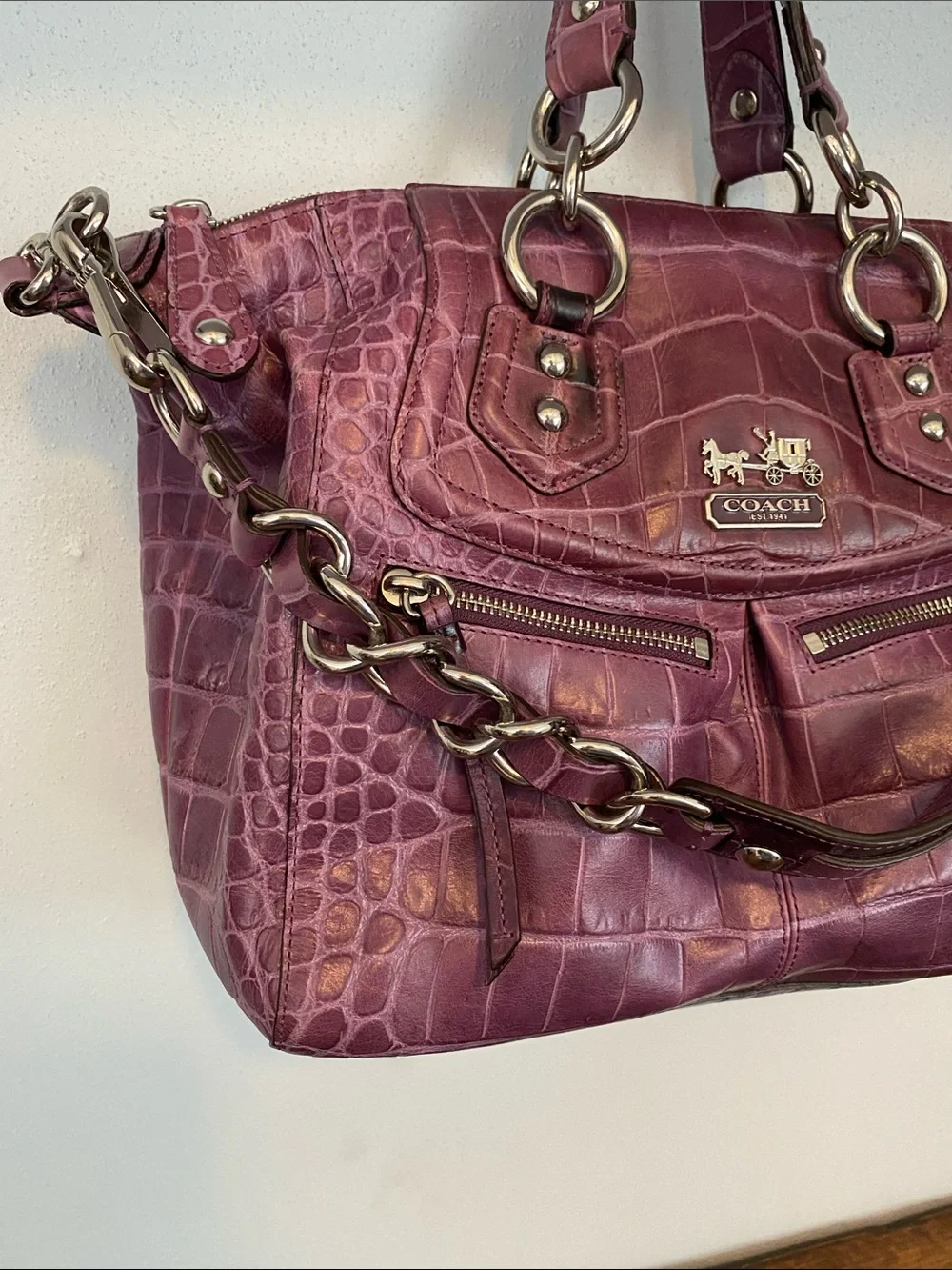 Coach Croc-Embossed Leather Tote in Plum